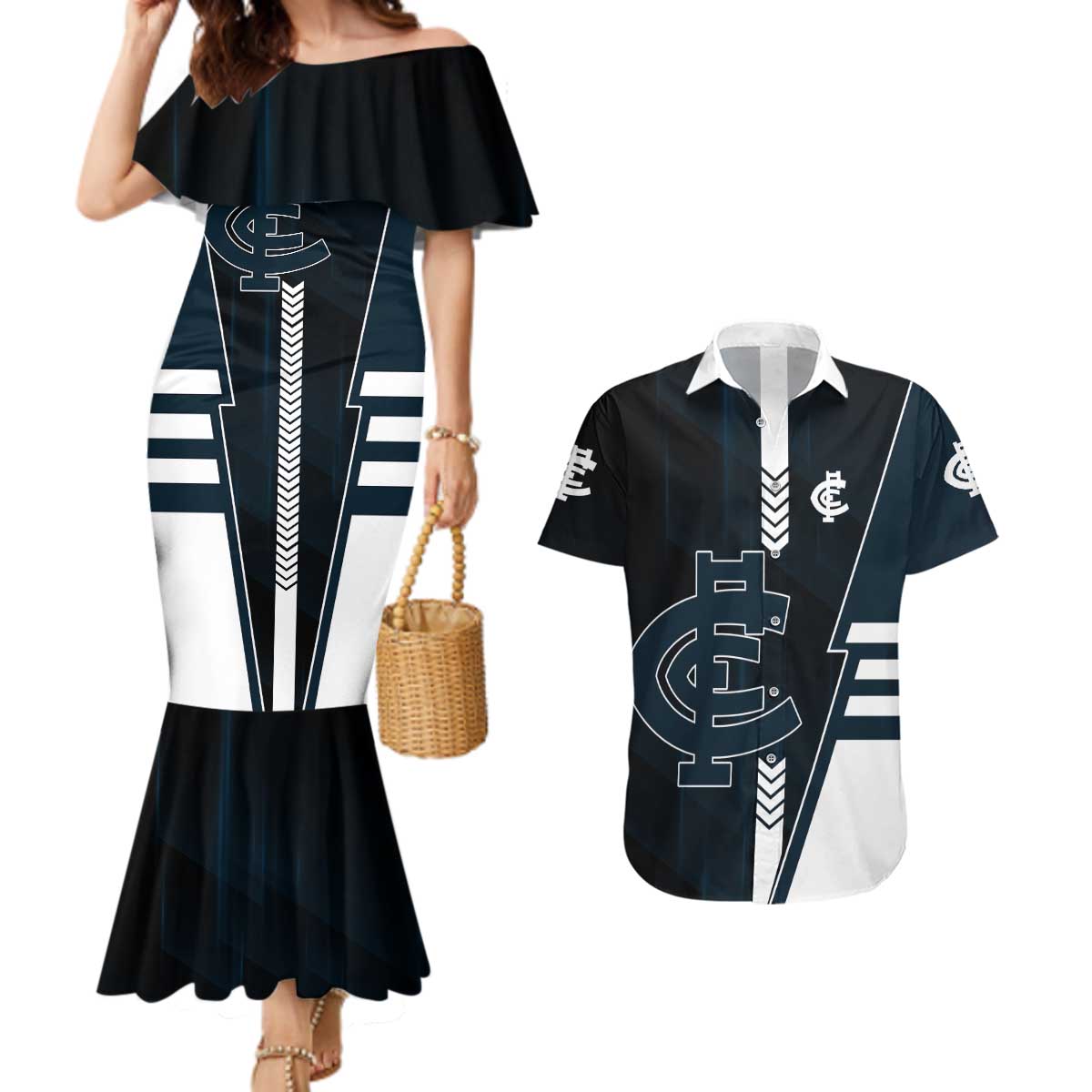 Personalized Carlton Blues Couples Matching Mermaid Dress and Hawaiian Shirt Modern Geometric Sports Graphic Style