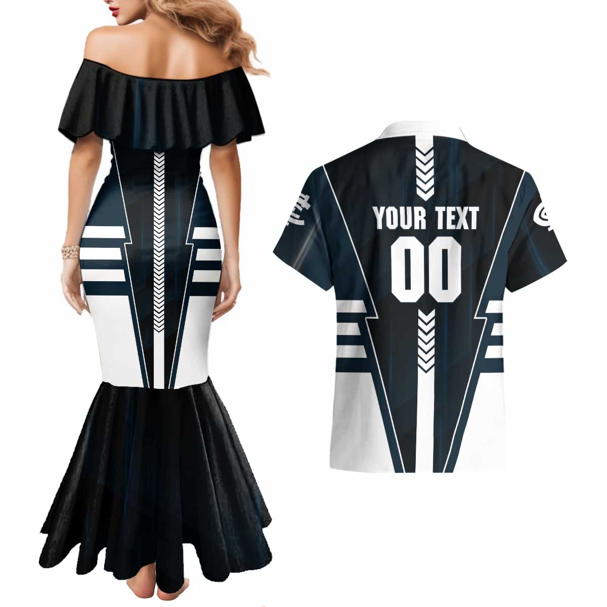 Personalized Carlton Blues Couples Matching Mermaid Dress and Hawaiian Shirt Modern Geometric Sports Graphic Style