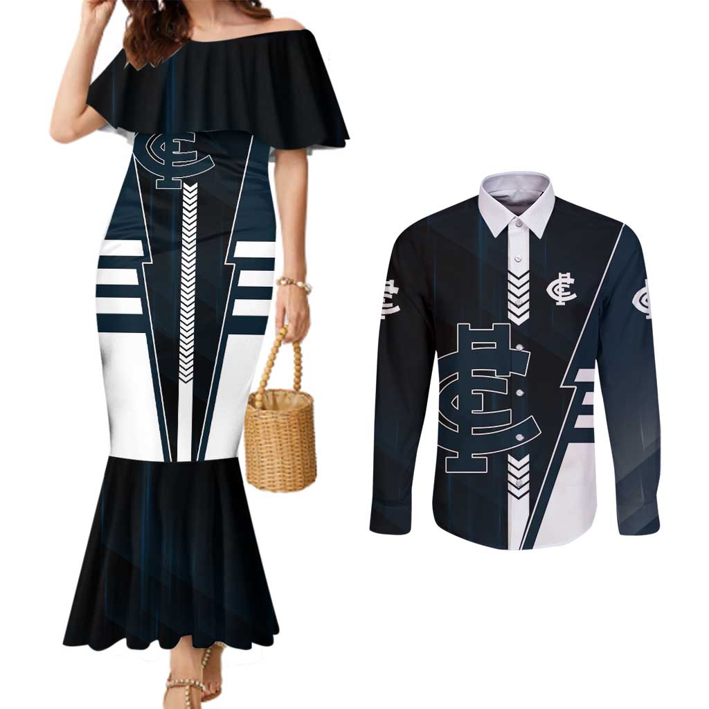 Personalized Carlton Blues Couples Matching Mermaid Dress and Long Sleeve Button Shirt Modern Geometric Sports Graphic Style