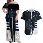 Personalized Carlton Blues Couples Matching Off Shoulder Maxi Dress and Hawaiian Shirt Modern Geometric Sports Graphic Style