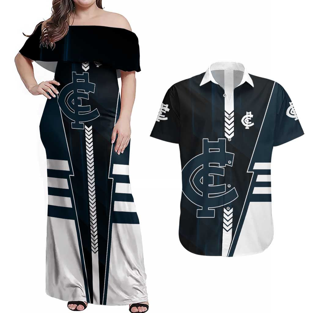 Personalized Carlton Blues Couples Matching Off Shoulder Maxi Dress and Hawaiian Shirt Modern Geometric Sports Graphic Style