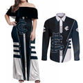 Personalized Carlton Blues Couples Matching Off Shoulder Maxi Dress and Long Sleeve Button Shirt Modern Geometric Sports Graphic Style