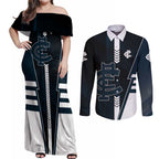 Personalized Carlton Blues Couples Matching Off Shoulder Maxi Dress and Long Sleeve Button Shirt Modern Geometric Sports Graphic Style