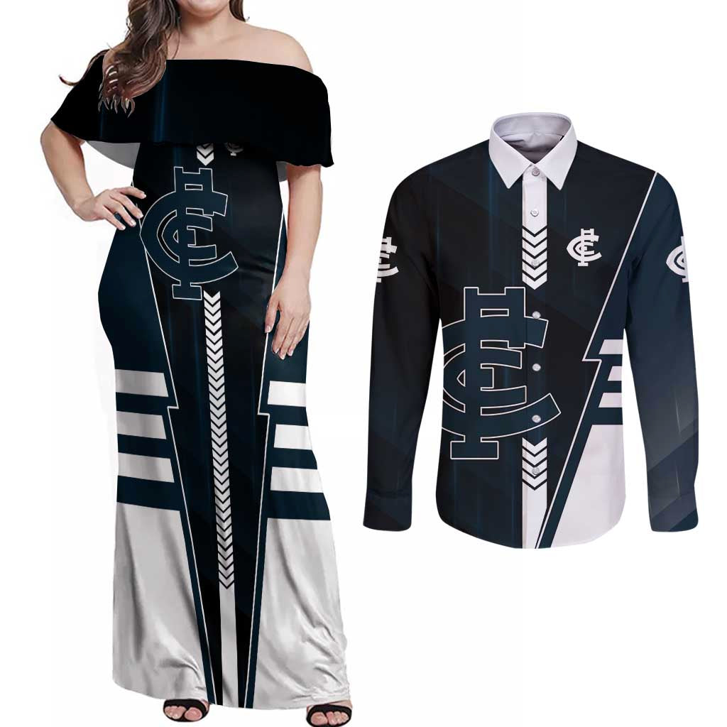 Personalized Carlton Blues Couples Matching Off Shoulder Maxi Dress and Long Sleeve Button Shirt Modern Geometric Sports Graphic Style