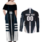 Personalized Carlton Blues Couples Matching Off Shoulder Maxi Dress and Long Sleeve Button Shirt Modern Geometric Sports Graphic Style