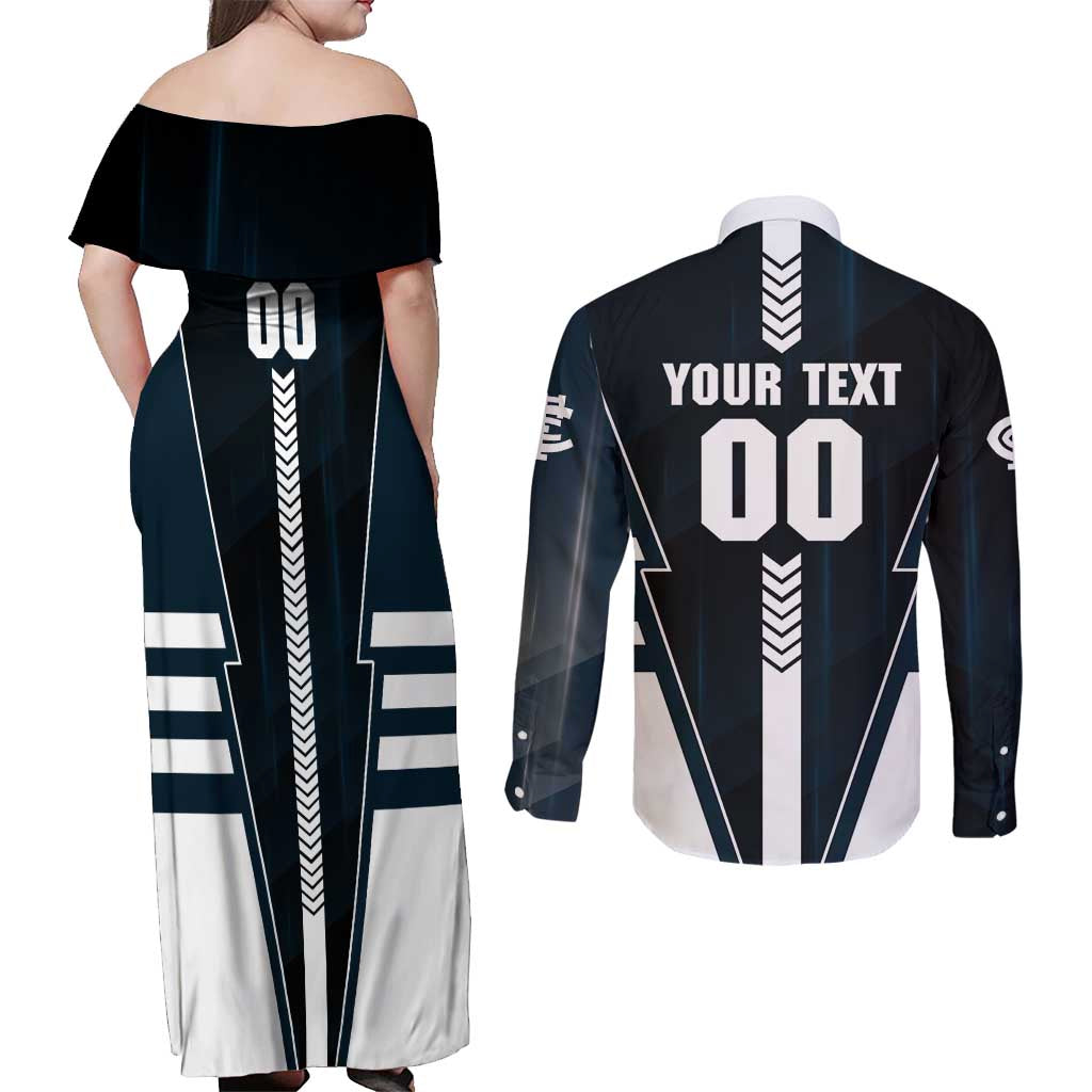 Personalized Carlton Blues Couples Matching Off Shoulder Maxi Dress and Long Sleeve Button Shirt Modern Geometric Sports Graphic Style