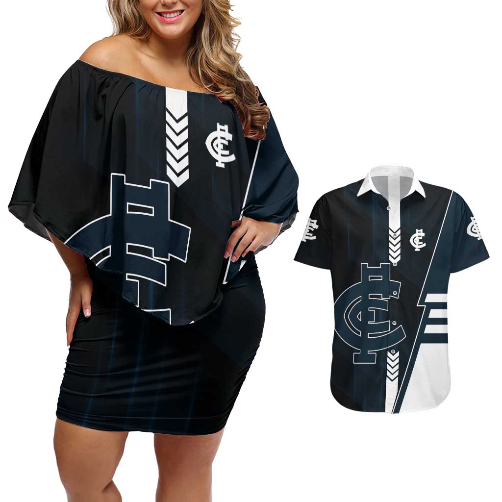 Personalized Carlton Blues Couples Matching Off Shoulder Short Dress and Hawaiian Shirt Modern Geometric Sports Graphic Style