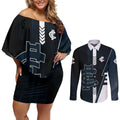 Personalized Carlton Blues Couples Matching Off Shoulder Short Dress and Long Sleeve Button Shirt Modern Geometric Sports Graphic Style