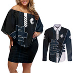 Personalized Carlton Blues Couples Matching Off Shoulder Short Dress and Long Sleeve Button Shirt Modern Geometric Sports Graphic Style