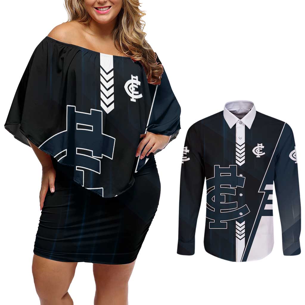 Personalized Carlton Blues Couples Matching Off Shoulder Short Dress and Long Sleeve Button Shirt Modern Geometric Sports Graphic Style