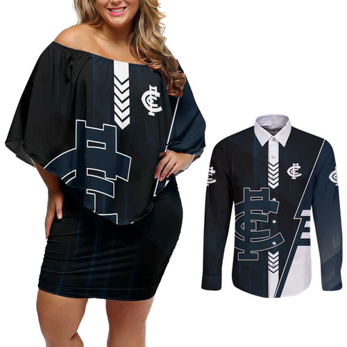 Personalized Carlton Blues Couples Matching Off Shoulder Short Dress and Long Sleeve Button Shirt Modern Geometric Sports Graphic Style