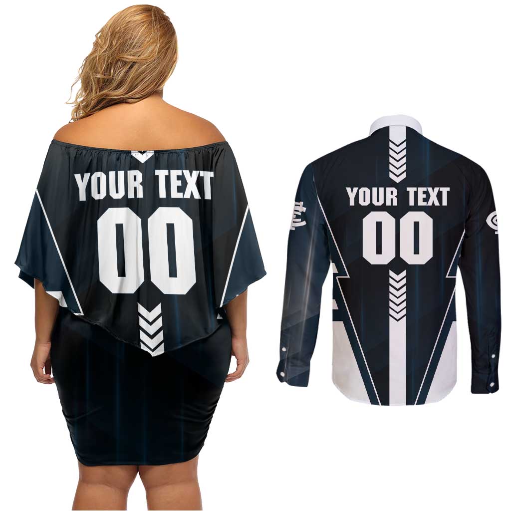 Personalized Carlton Blues Couples Matching Off Shoulder Short Dress and Long Sleeve Button Shirt Modern Geometric Sports Graphic Style