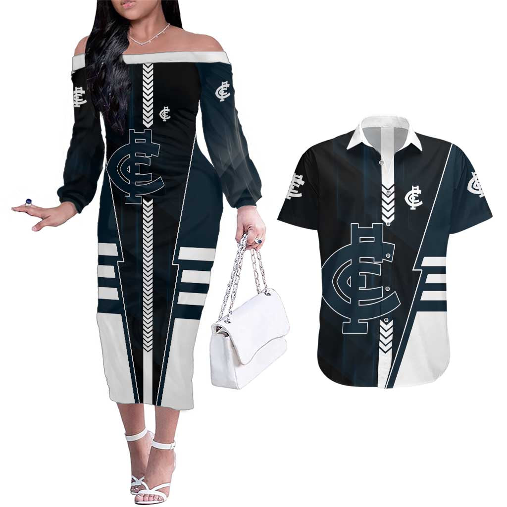 Personalized Carlton Blues Couples Matching Off The Shoulder Long Sleeve Dress and Hawaiian Shirt Modern Geometric Sports Graphic Style