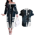 Personalized Carlton Blues Couples Matching Off The Shoulder Long Sleeve Dress and Hawaiian Shirt Modern Geometric Sports Graphic Style