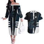 Personalized Carlton Blues Couples Matching Off The Shoulder Long Sleeve Dress and Hawaiian Shirt Modern Geometric Sports Graphic Style