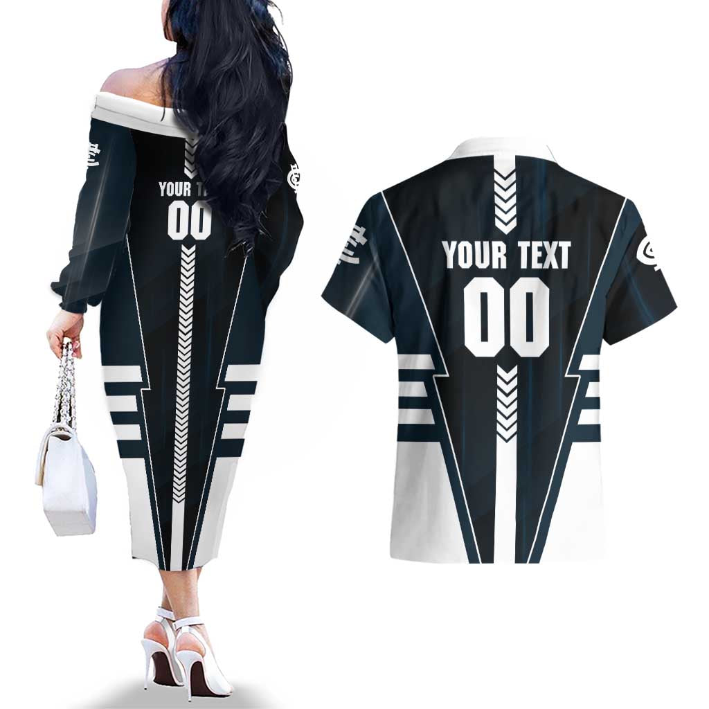 Personalized Carlton Blues Couples Matching Off The Shoulder Long Sleeve Dress and Hawaiian Shirt Modern Geometric Sports Graphic Style
