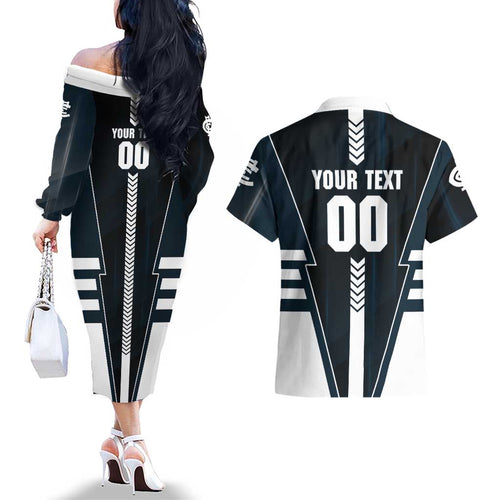 Personalized Carlton Blues Couples Matching Off The Shoulder Long Sleeve Dress and Hawaiian Shirt Modern Geometric Sports Graphic Style