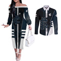 Personalized Carlton Blues Couples Matching Off The Shoulder Long Sleeve Dress and Long Sleeve Button Shirt Modern Geometric Sports Graphic Style