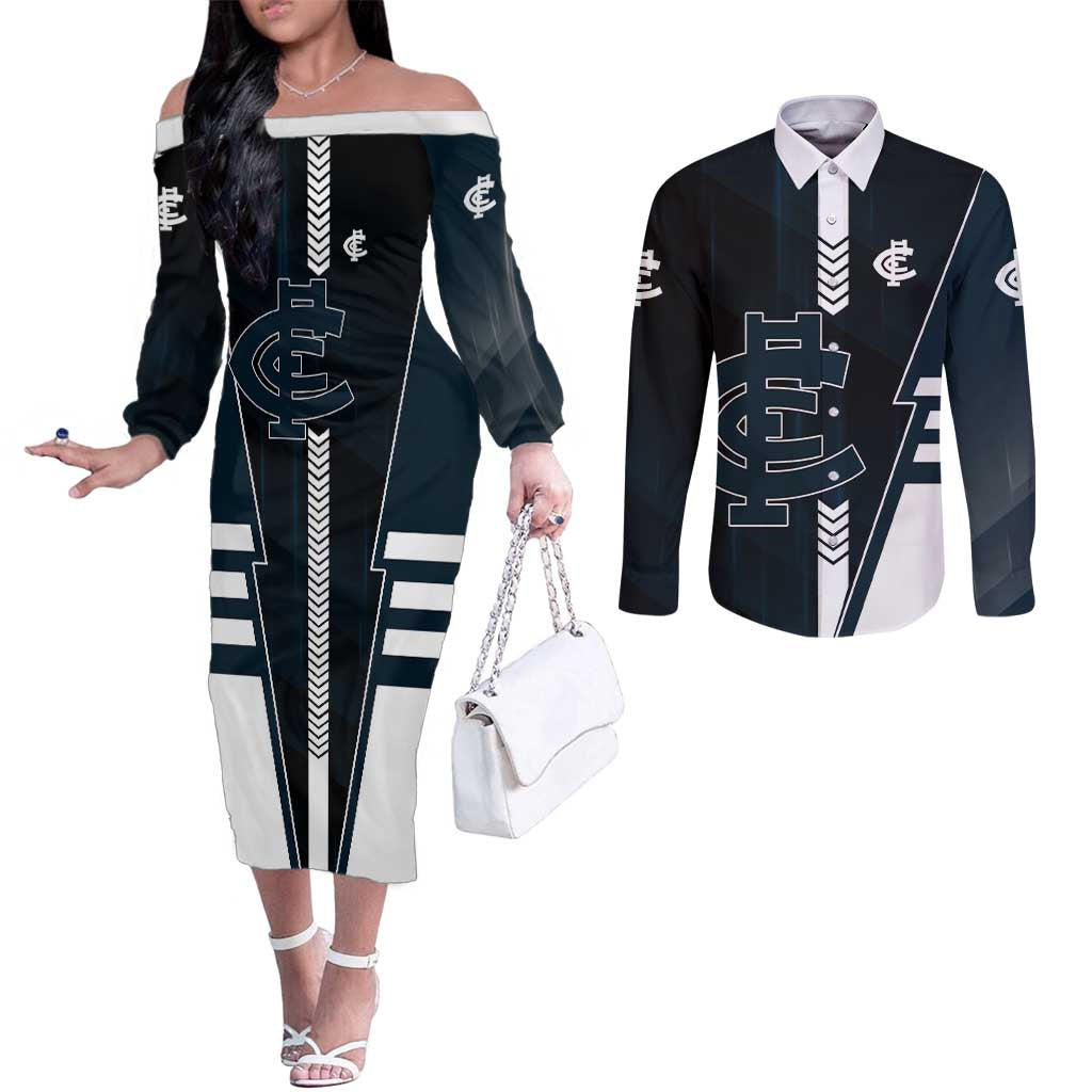 Personalized Carlton Blues Couples Matching Off The Shoulder Long Sleeve Dress and Long Sleeve Button Shirt Modern Geometric Sports Graphic Style