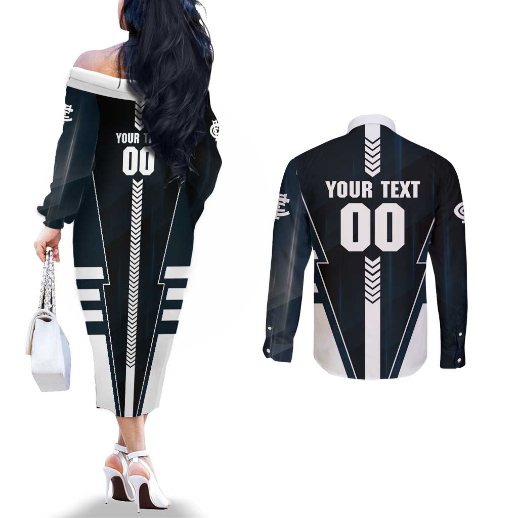 Personalized Carlton Blues Couples Matching Off The Shoulder Long Sleeve Dress and Long Sleeve Button Shirt Modern Geometric Sports Graphic Style