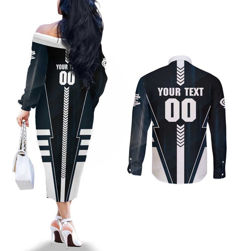 Personalized Carlton Blues Couples Matching Off The Shoulder Long Sleeve Dress and Long Sleeve Button Shirt Modern Geometric Sports Graphic Style