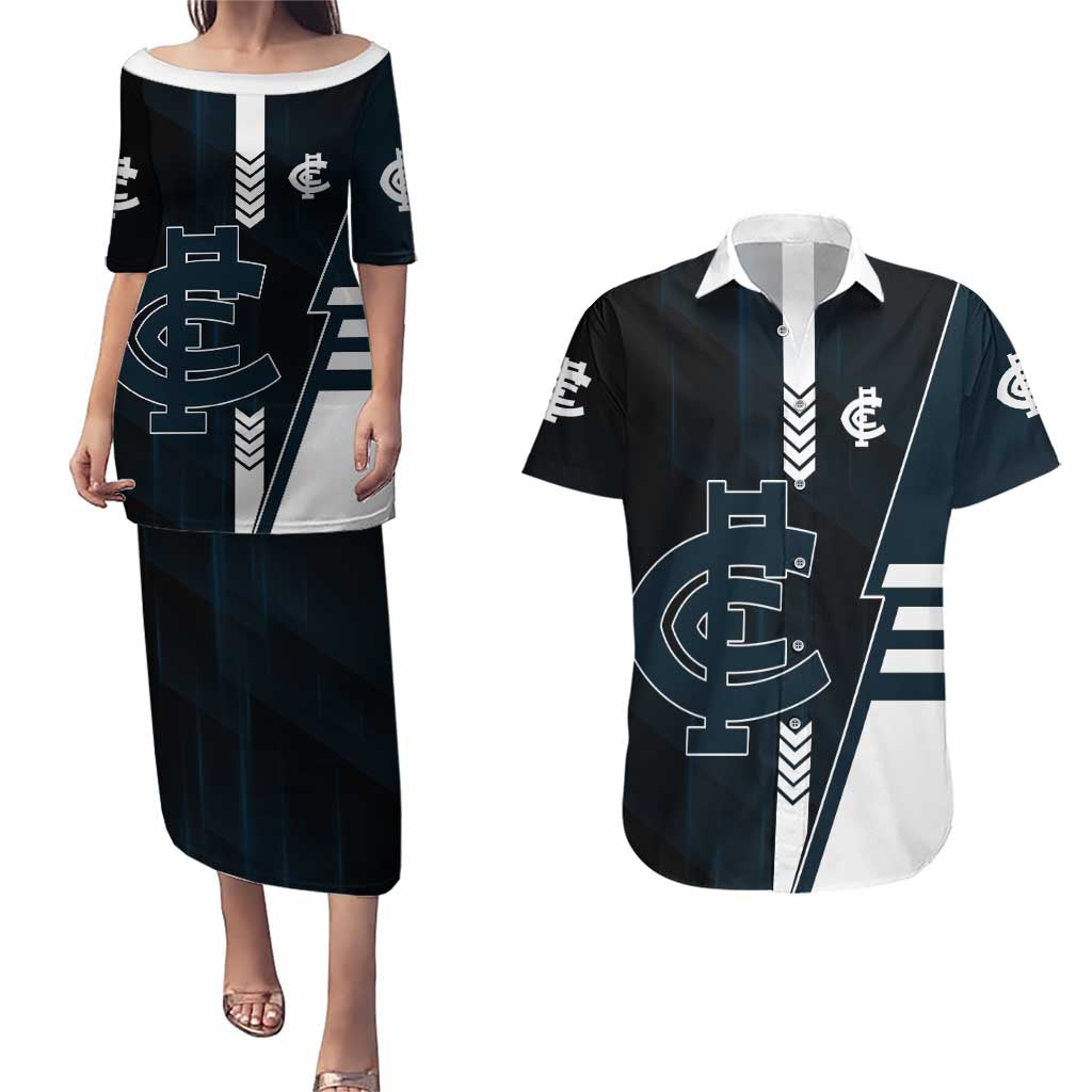 Personalized Carlton Blues Couples Matching Puletasi and Hawaiian Shirt Modern Geometric Sports Graphic Style