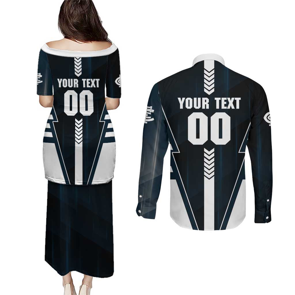 Personalized Carlton Blues Couples Matching Puletasi and Long Sleeve Button Shirt Modern Geometric Sports Graphic Style