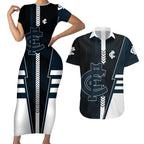 Personalized Carlton Blues Couples Matching Short Sleeve Bodycon Dress and Hawaiian Shirt Modern Geometric Sports Graphic Style