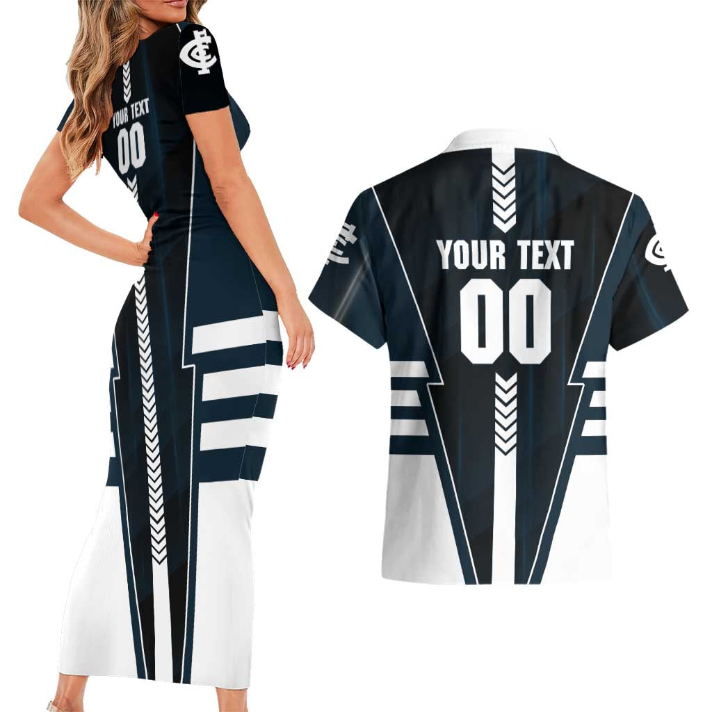 Personalized Carlton Blues Couples Matching Short Sleeve Bodycon Dress and Hawaiian Shirt Modern Geometric Sports Graphic Style