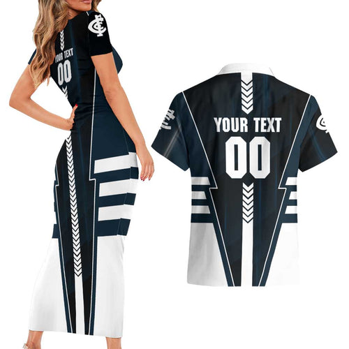 Personalized Carlton Blues Couples Matching Short Sleeve Bodycon Dress and Hawaiian Shirt Modern Geometric Sports Graphic Style
