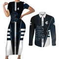 Personalized Carlton Blues Couples Matching Short Sleeve Bodycon Dress and Long Sleeve Button Shirt Modern Geometric Sports Graphic Style