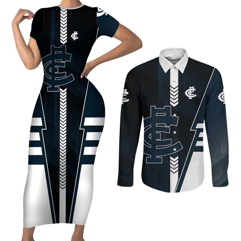 Personalized Carlton Blues Couples Matching Short Sleeve Bodycon Dress and Long Sleeve Button Shirt Modern Geometric Sports Graphic Style