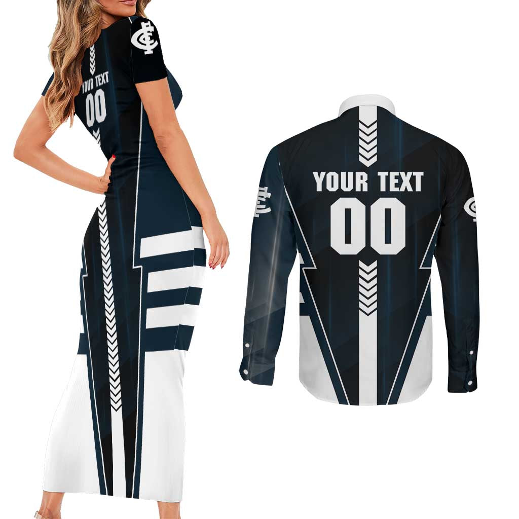 Personalized Carlton Blues Couples Matching Short Sleeve Bodycon Dress and Long Sleeve Button Shirt Modern Geometric Sports Graphic Style