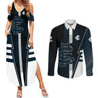 Personalized Carlton Blues Couples Matching Summer Maxi Dress and Long Sleeve Button Shirt Modern Geometric Sports Graphic Style