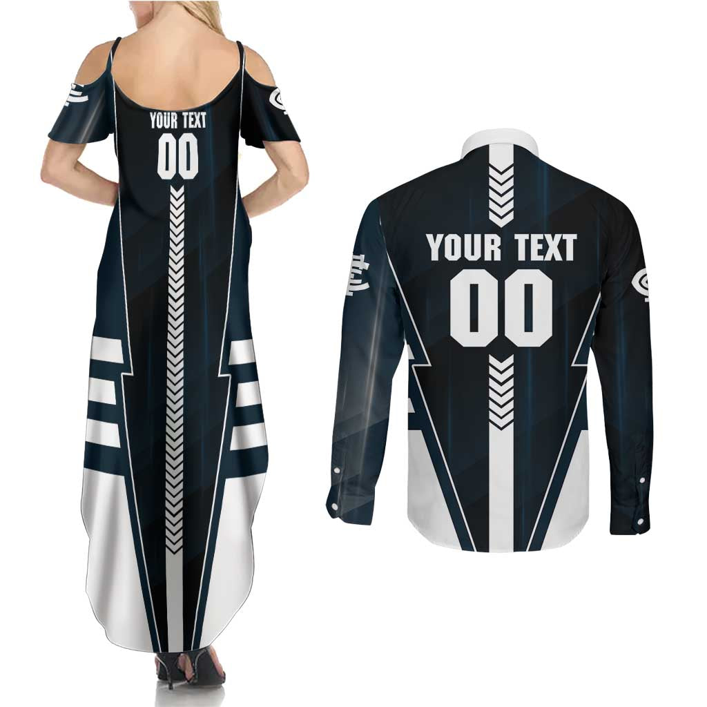 Personalized Carlton Blues Couples Matching Summer Maxi Dress and Long Sleeve Button Shirt Modern Geometric Sports Graphic Style