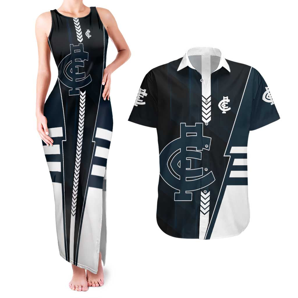Personalized Carlton Blues Couples Matching Tank Maxi Dress and Hawaiian Shirt Modern Geometric Sports Graphic Style