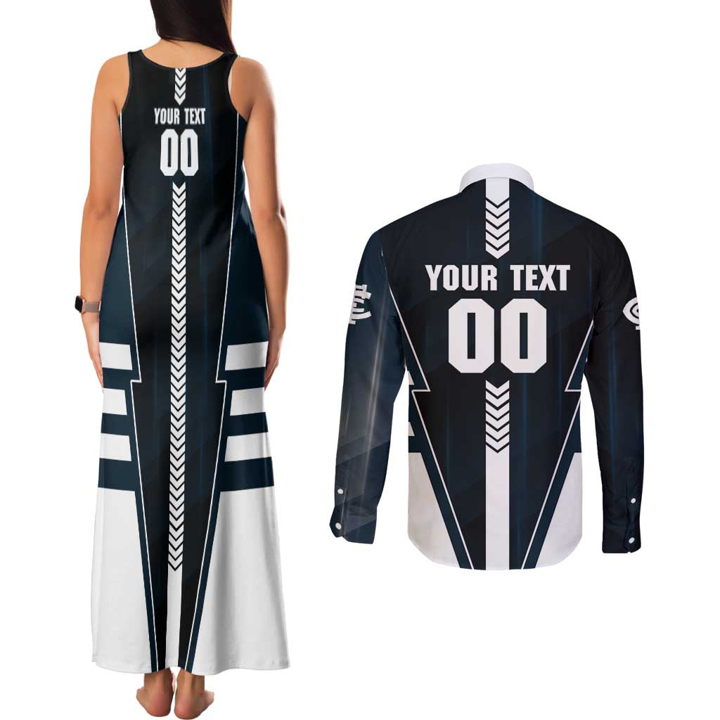 Personalized Carlton Blues Couples Matching Tank Maxi Dress and Long Sleeve Button Shirt Modern Geometric Sports Graphic Style