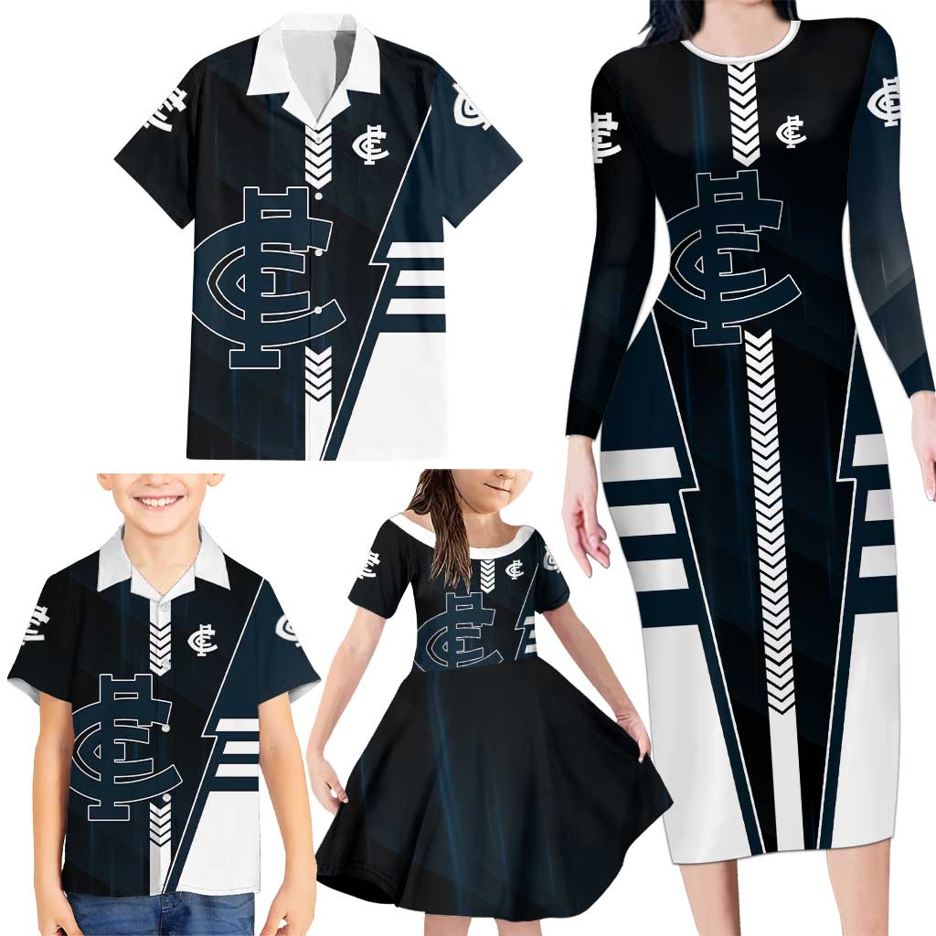 Personalized Carlton Blues Family Matching Long Sleeve Bodycon Dress and Hawaiian Shirt Modern Geometric Sports Graphic Style