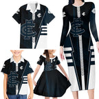 Personalized Carlton Blues Family Matching Long Sleeve Bodycon Dress and Hawaiian Shirt Modern Geometric Sports Graphic Style