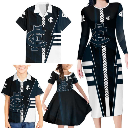 Personalized Carlton Blues Family Matching Long Sleeve Bodycon Dress and Hawaiian Shirt Modern Geometric Sports Graphic Style