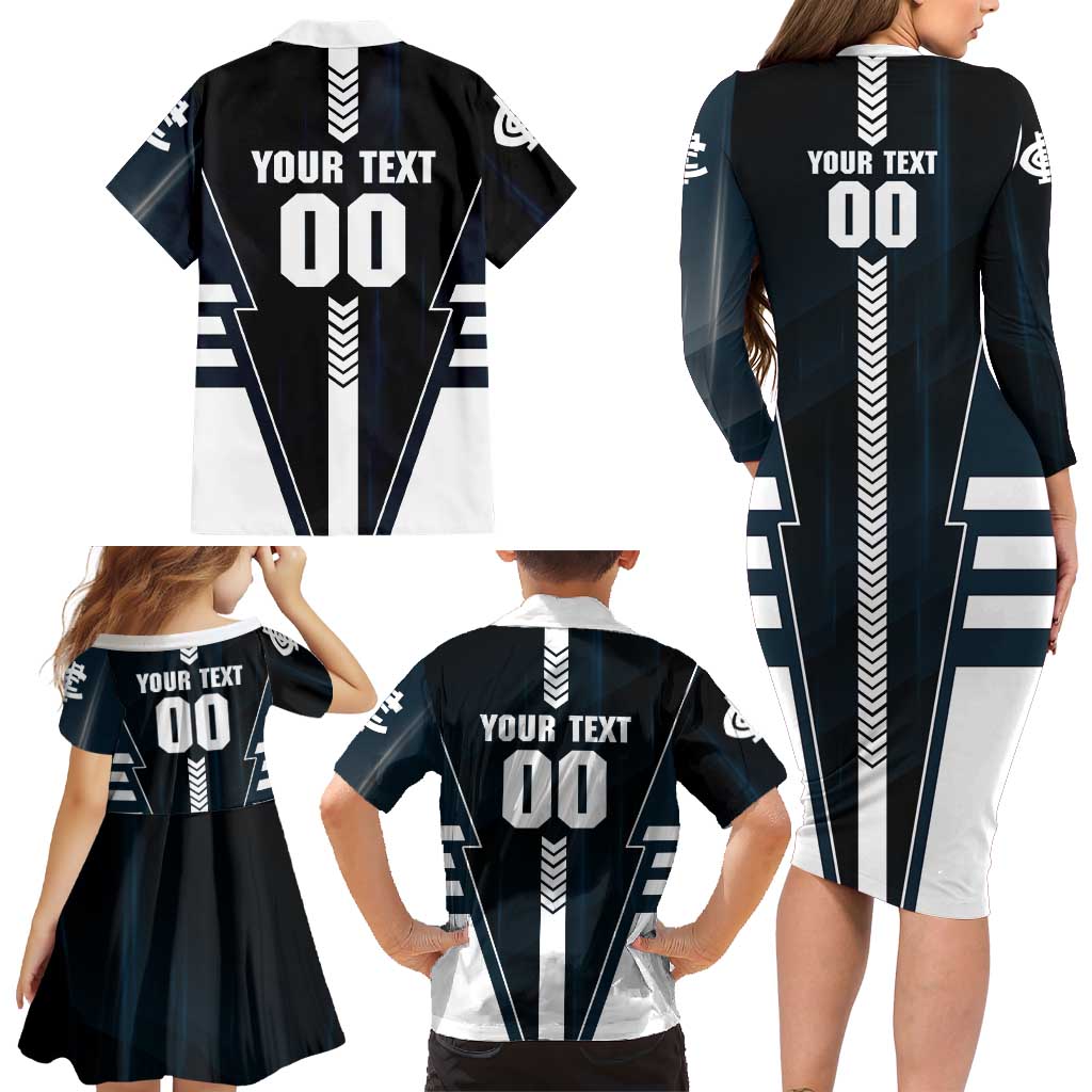 Personalized Carlton Blues Family Matching Long Sleeve Bodycon Dress and Hawaiian Shirt Modern Geometric Sports Graphic Style