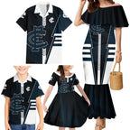Personalized Carlton Blues Family Matching Mermaid Dress and Hawaiian Shirt Modern Geometric Sports Graphic Style