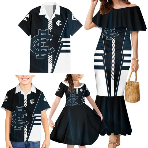 Personalized Carlton Blues Family Matching Mermaid Dress and Hawaiian Shirt Modern Geometric Sports Graphic Style