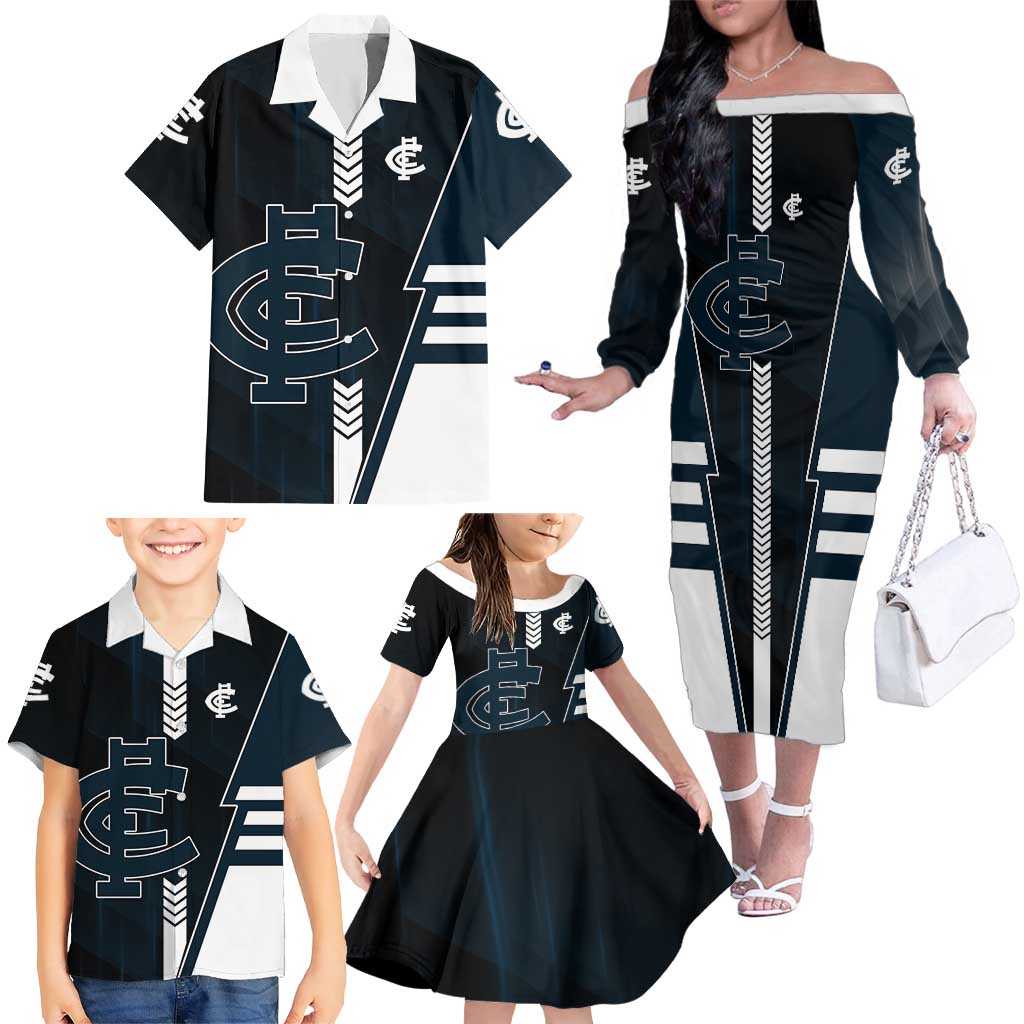 Personalized Carlton Blues Family Matching Off The Shoulder Long Sleeve Dress and Hawaiian Shirt Modern Geometric Sports Graphic Style