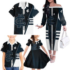Personalized Carlton Blues Family Matching Off The Shoulder Long Sleeve Dress and Hawaiian Shirt Modern Geometric Sports Graphic Style