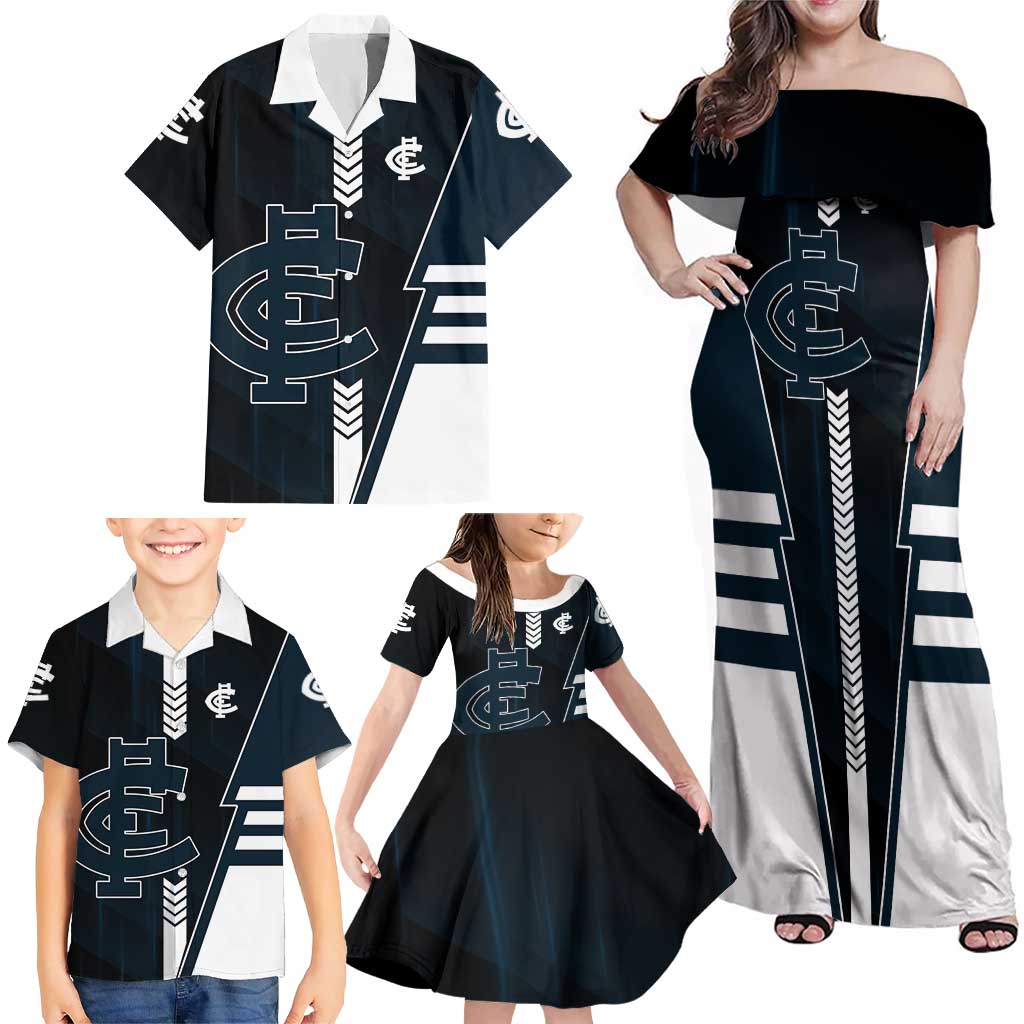 Personalized Carlton Blues Family Matching Off Shoulder Maxi Dress and Hawaiian Shirt Modern Geometric Sports Graphic Style