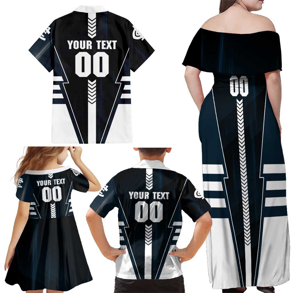 Personalized Carlton Blues Family Matching Off Shoulder Maxi Dress and Hawaiian Shirt Modern Geometric Sports Graphic Style