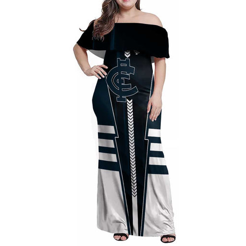 Personalized Carlton Blues Family Matching Off Shoulder Maxi Dress and Hawaiian Shirt Modern Geometric Sports Graphic Style