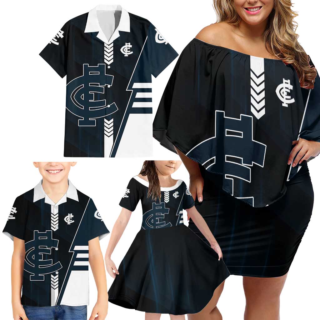 Personalized Carlton Blues Family Matching Off Shoulder Short Dress and Hawaiian Shirt Modern Geometric Sports Graphic Style