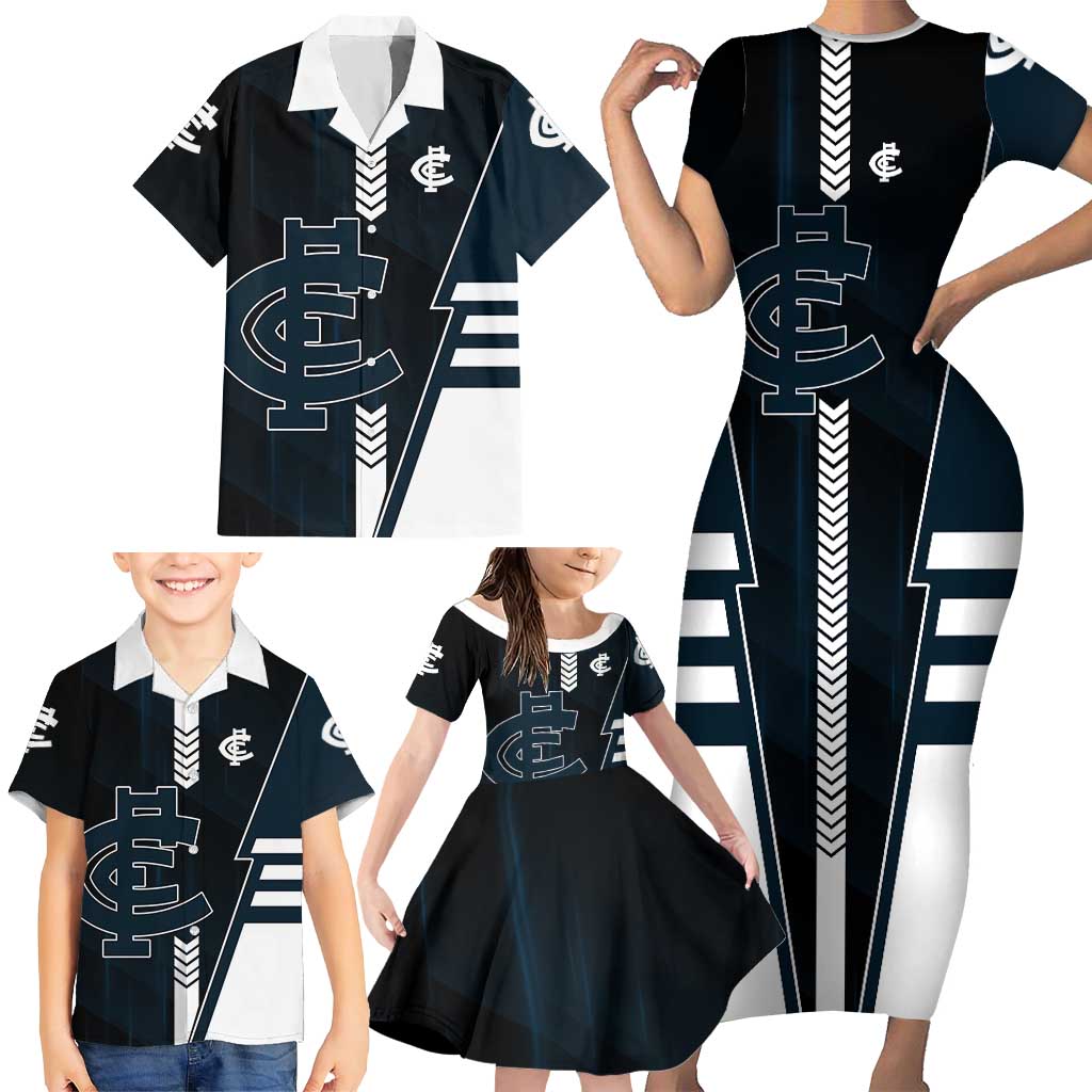 Personalized Carlton Blues Family Matching Short Sleeve Bodycon Dress and Hawaiian Shirt Modern Geometric Sports Graphic Style